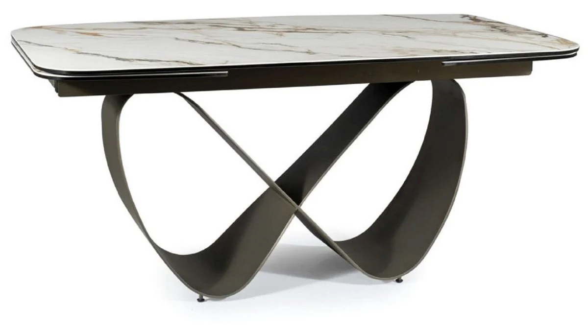 Luxus Esstisch Weiß / Braun / Matt Schwarz 160-240 x 95 x H. 76 cm - Ausziehbarer Küchentisch mit gehärteter Glaskeramik Tischplatte - Esszimmer Möbel - Luxus Möbel