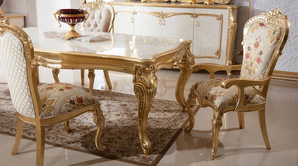 Luxus Barock Esszimmer Stuhl mit Armlehnen Mehrfarbig / Gold H. 115 cm