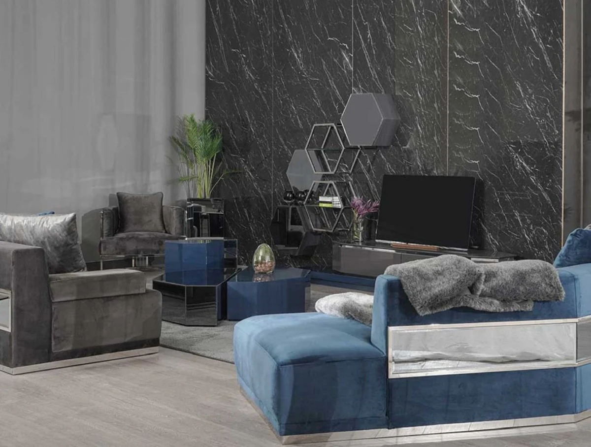 Luxus Sofa Blau / Silber 480 x 100 x H. 70 cm - Gebogenes Wohnzimmer Sofa - Hotel Sofa - Wohnzimmer Möbel - Hotel Möbel - Luxus Möbel - Luxus Einrichtung