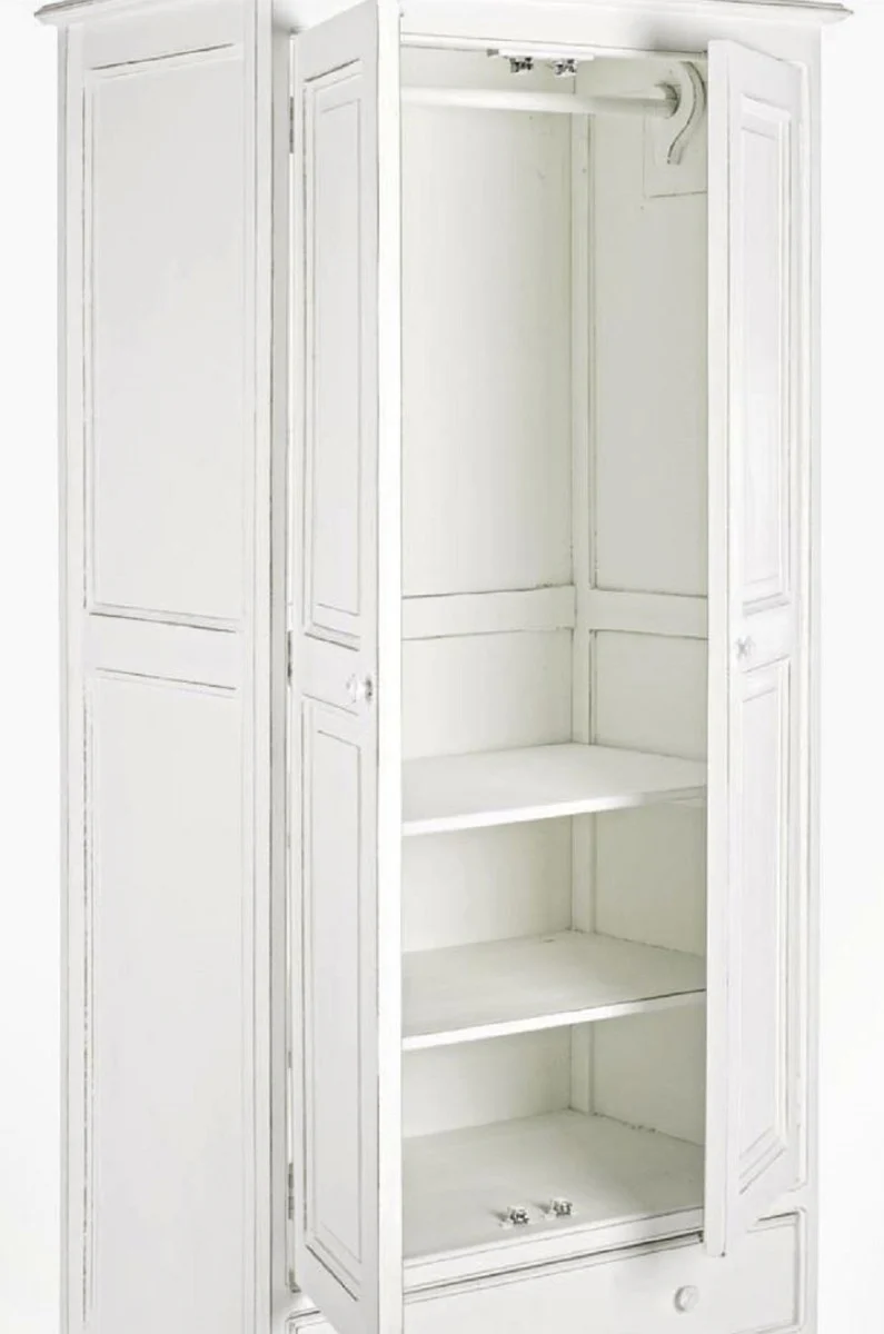 Landhausstil Schlafzimmerschrank Antik Weiß 90 x 55 x H. 190 cm - Massivholz Kleiderschrank mit 2 Türen und Schublade - Massivholz Schlafzimmer Möbel im Landhausstil