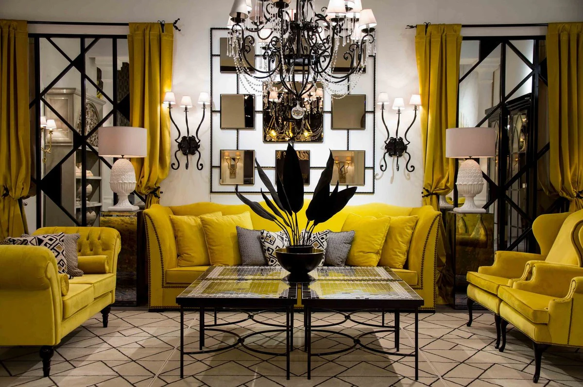 Luxus Jugendstil Couchtisch Schwarz / Weiß 80 x 80 x H. 45 cm - Handgefertigter Schmiedeeisen Tisch mit Keramik Fliesen Tischplatte - Wohnzimmer Garten Terrassen Tisch Möbel