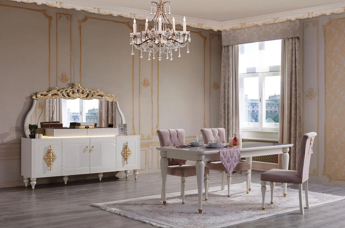 Luxus Barock Esszimmer Set Rosa / Weiß / Gold - 1 Esstisch & 6 Esszimmerstühle - Barock Esszimmer Möbel