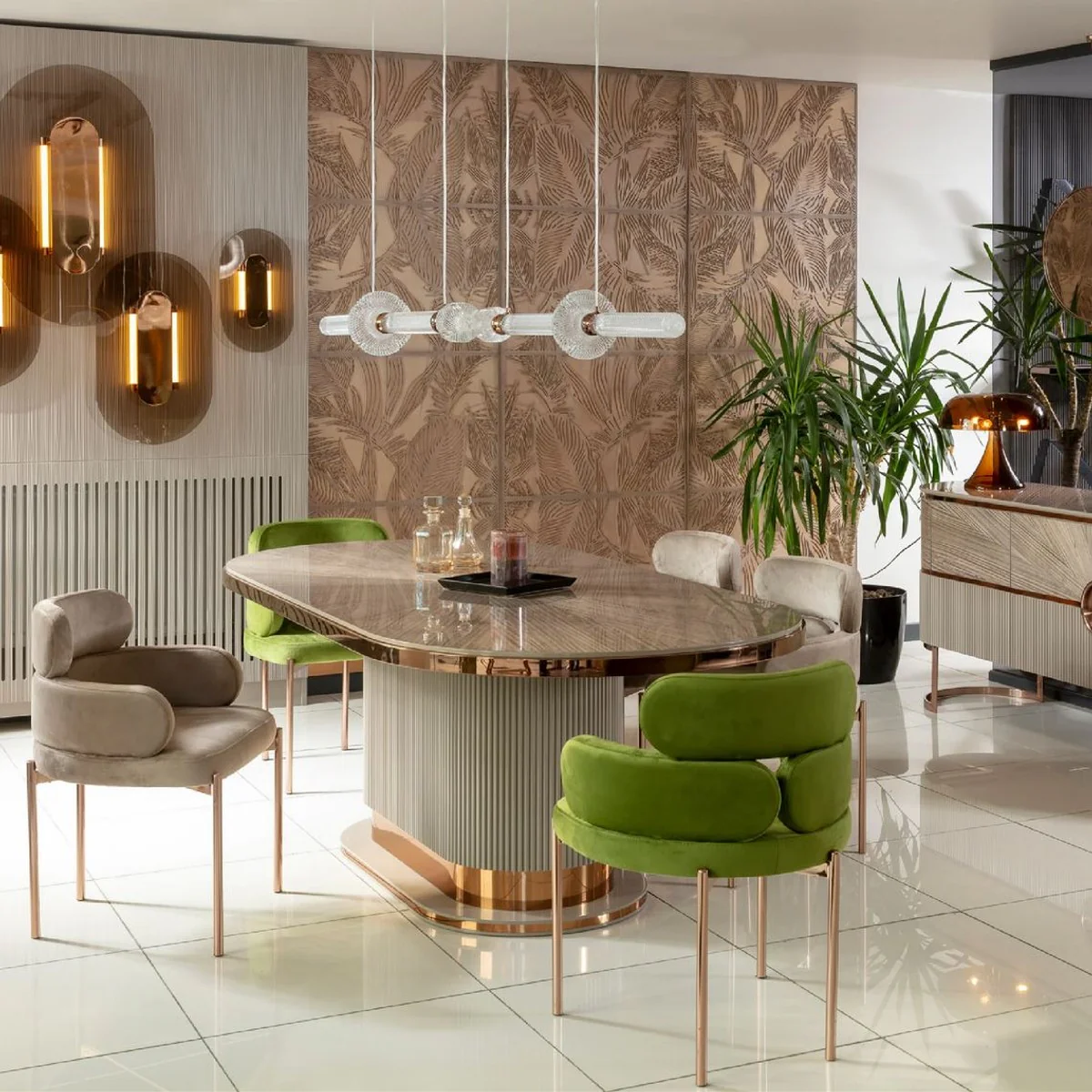 Luxus Esszimmer Set Grau / Grün / Kupfer