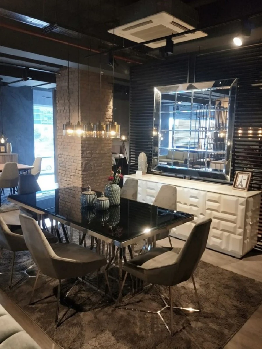 Luxus Esstisch Silber / Schwarz 200 x 100 x H. 77 cm - Rechteckiger Edelstahl Küchentisch mit Glasplatte - Esszimmer Möbel - Luxus Möbel - Luxus Einrichtung