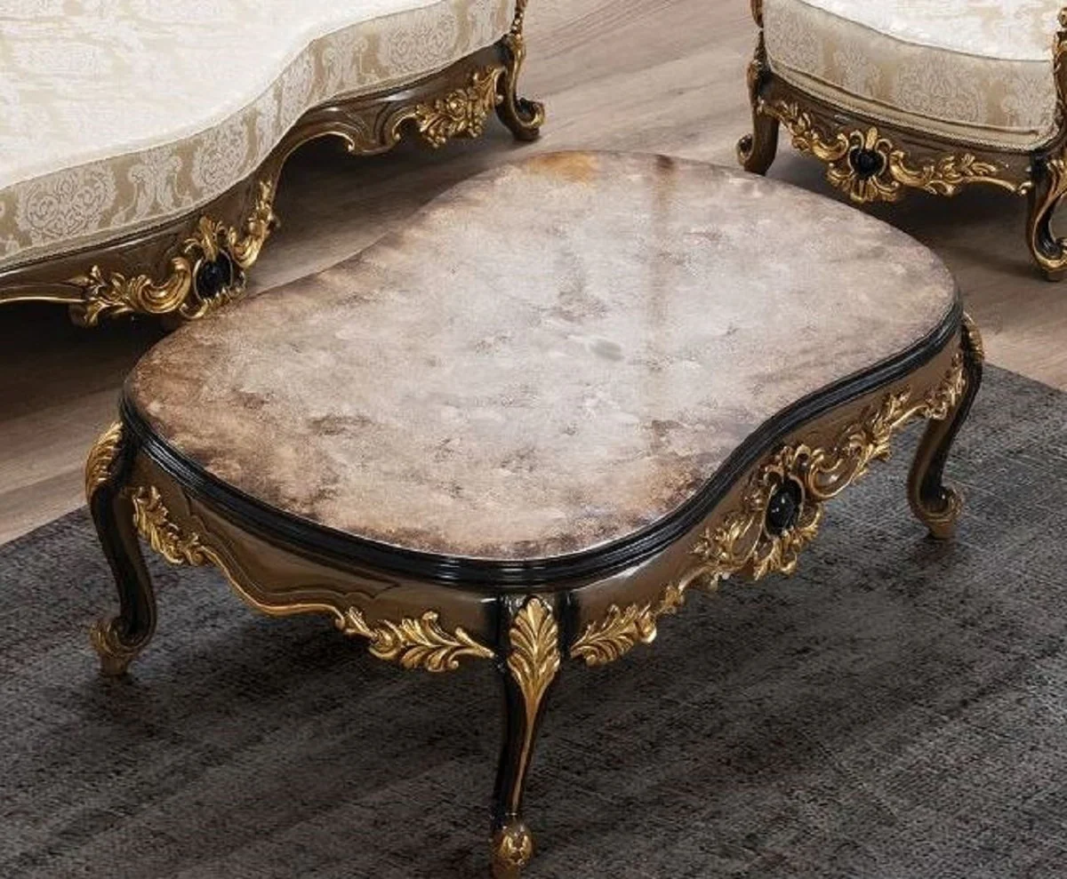 Luxus Barock Couchtisch Braun / Schwarz / Gold - Handgefertigter Massivholz Wohnzimmertisch - Prunkvolle Massivholz Wohnzimmer Möbel im Barockstil