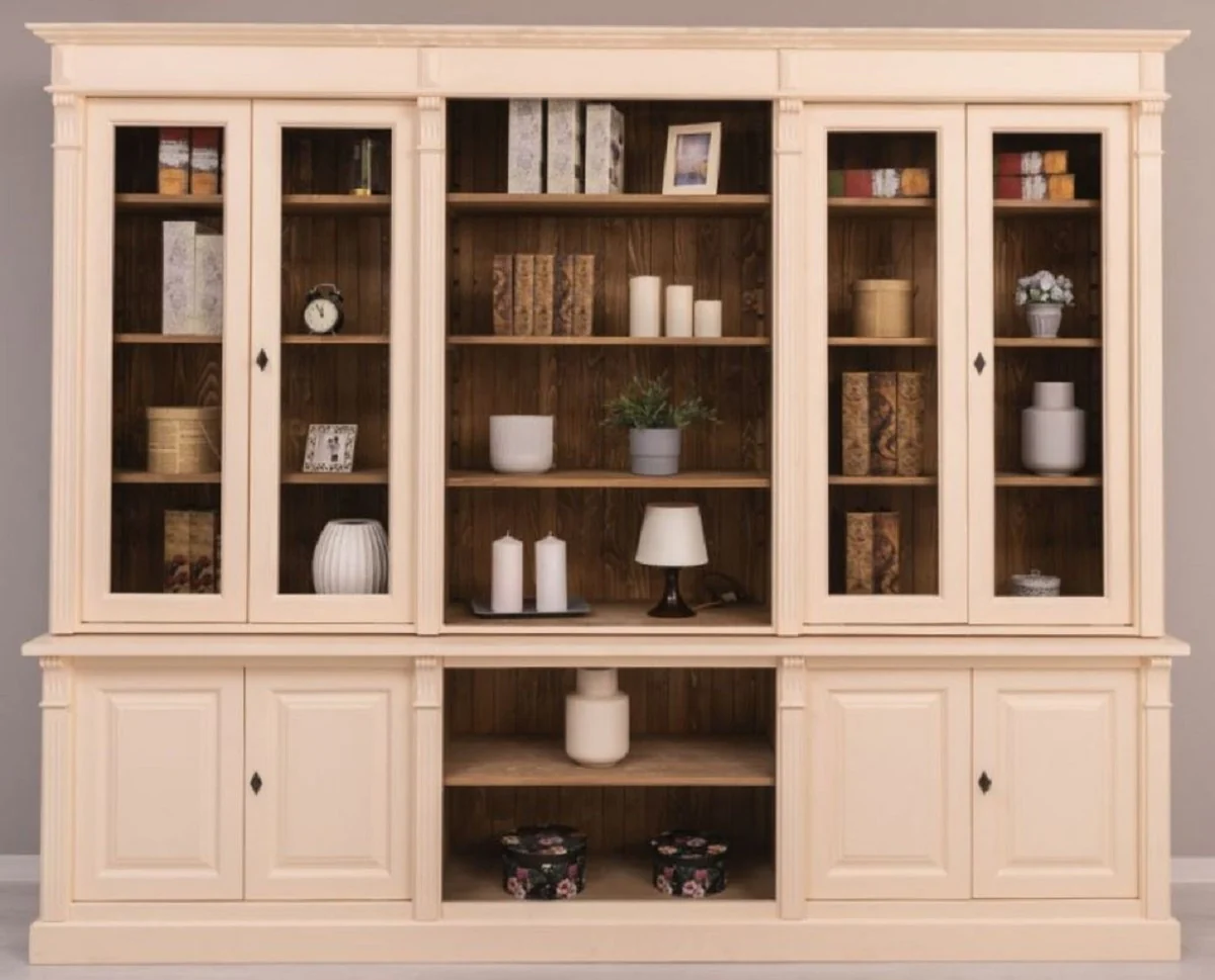 Landhausstil Wohnzimmerschrank Cremefarben / Braun 286 x 51 x H. 228 cm - Massivholz Schrank - Bücherschrank - Regalschrank - Landhausstil Möbel