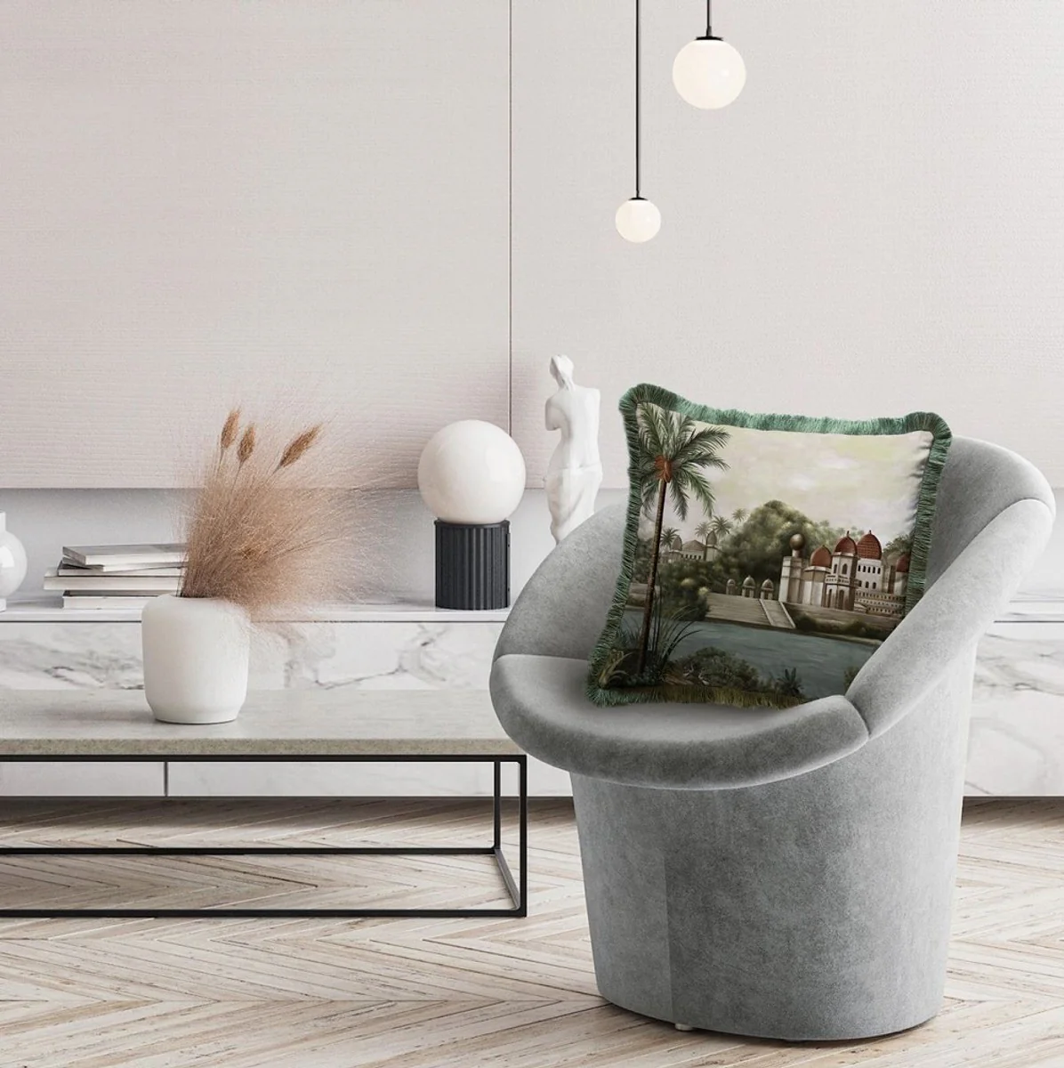 Luxus Deko Kissen Palast Mehrfarbig / Grün 45 x 45 cm - Bedrucktes Samt Kissen mit Fransen - Luxus Deko Accessoires