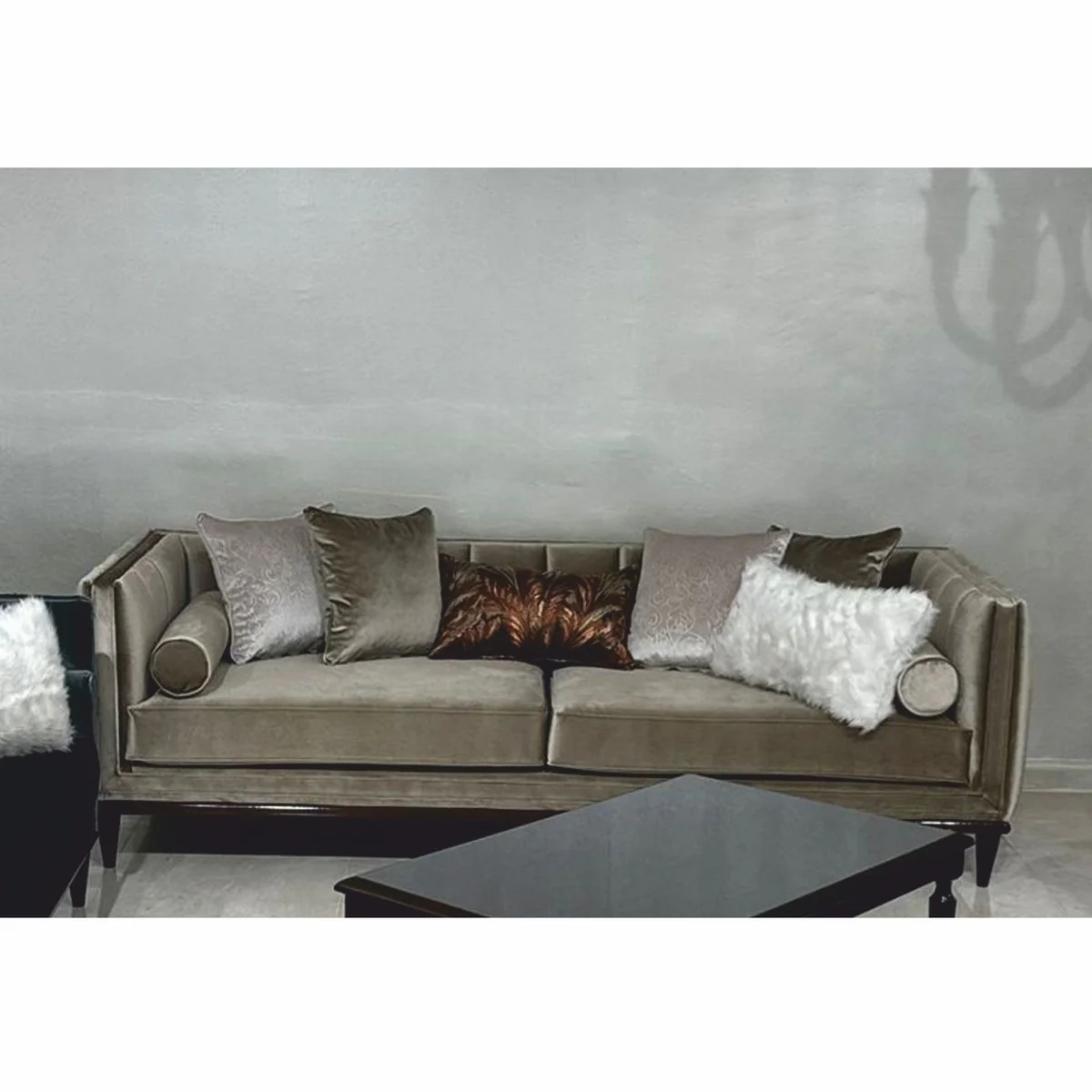 Luxus Art Deco Samt Sofa Olivgrün / Dunkelbraun 235 cm - Wohnzimmer Möbel