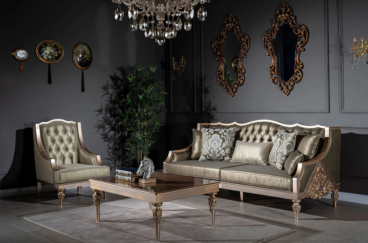 Luxus Barock Couchtisch Braun / Silber / Kupfer / Gold 115 x 80 x H. 45 cm - Massivholz Wohnzimmertisch mit Glasplatte - Barock Wohnzimmer Möbel