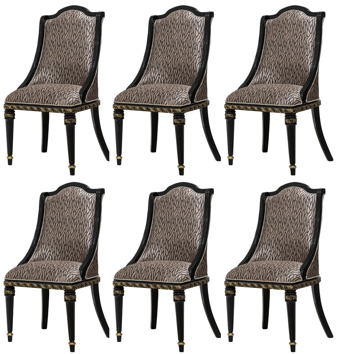 Luxus Barock Esszimmerstuhl 6er Set Gold / Schwarz / Gold - Barockstil Küchenstühle mit Muster - Luxus Esszimmer Möbel im Barockstil - Barock Esszimmer Möbel - Barock Einrichtung