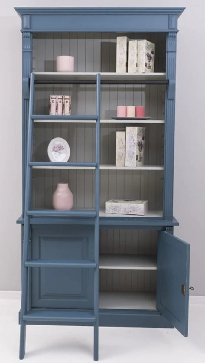 Landhausstil Bücherschrank mit Leiter Blau / Grau 120 x 51 x H. 228 cm - Massivholz Schrank - Regalschrank - Wohnzimmerschrank - Büroschrank - Landhausstil Möbel