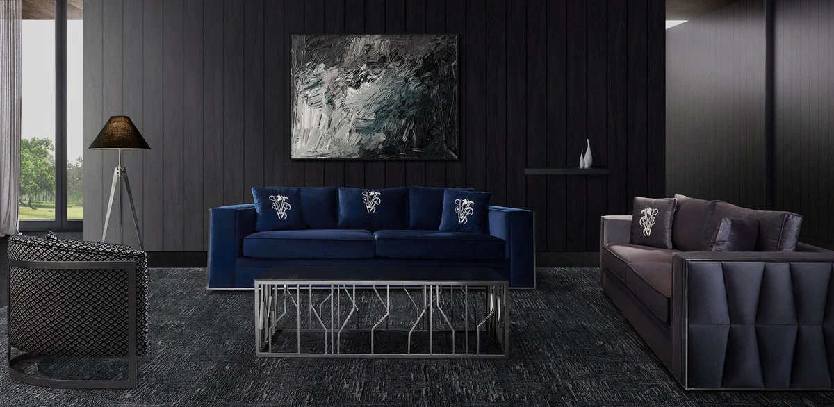 Luxus Couchtisch Silber / Schwarz 125 x 65 x H. 43 cm - Rechteckiger Edelstahl Wohnzimmertisch mit Glasplatte - Wohnzimmer Möbel - Luxus Qualität