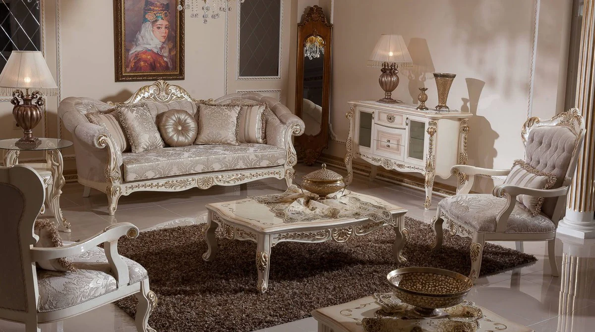Luxus Barock Couchtisch Weiß / Beige / Gold - Prunkvoller Massivholz Wohnzimmertisch im Barockstil - Barock Wohnzimmer Möbel - Edel & Prunkvoll