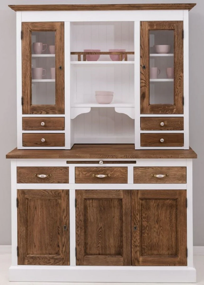 Landhausstil Esszimmerschrank Weiß / Dunkelbraun 137 x 50 x H. 197 cm - Massivholz Küchenschrank - Esszimmer Möbel im Landhausstil - Landhausstil Esszimmer Einrichtung