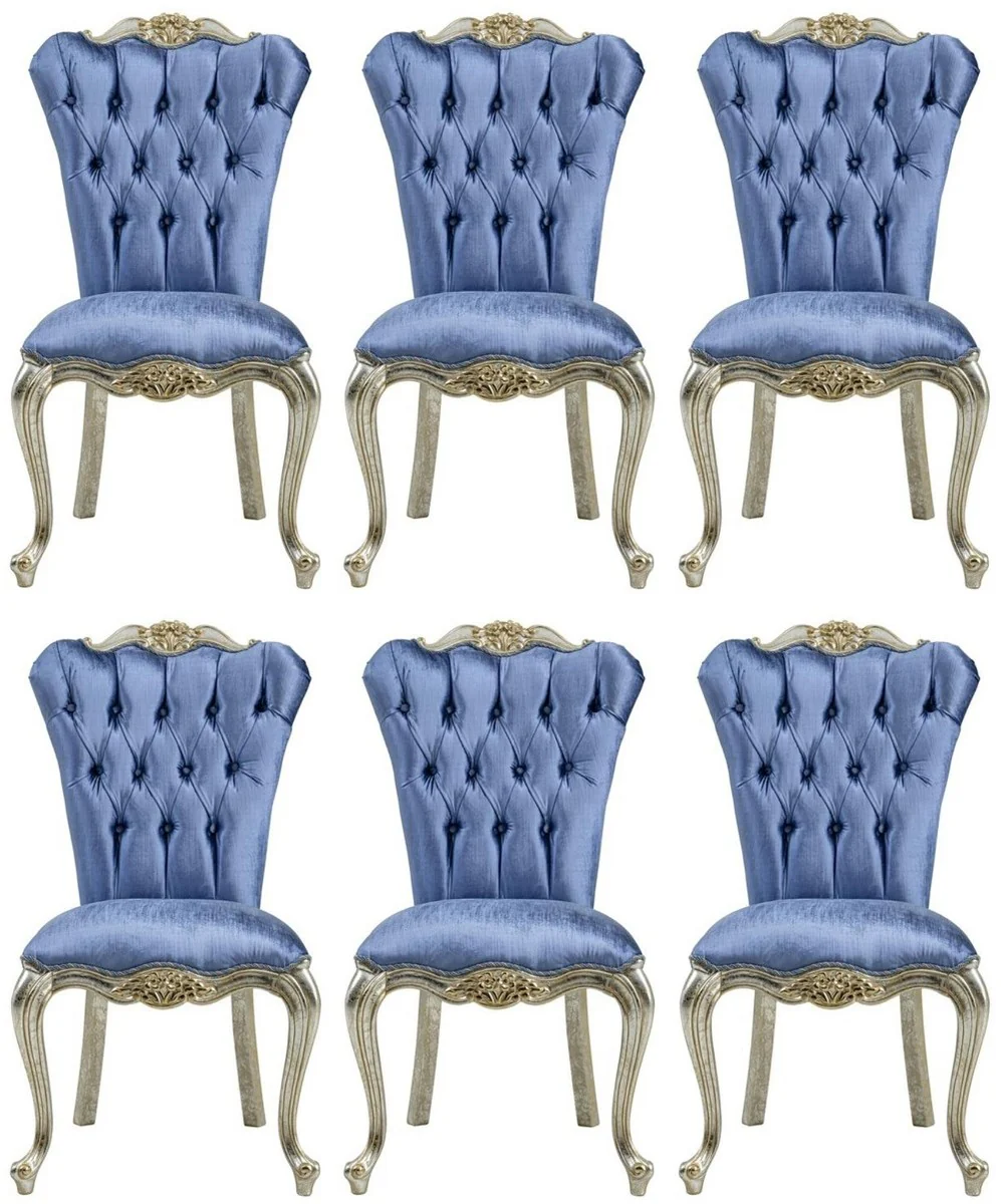 Luxus Barock Esszimmerstuhl Set Blau / Silber / Gold - Handgefertigtes Küchen Stühle 6er Set - Barock Esszimmer Möbel - Edel & Prunkvoll