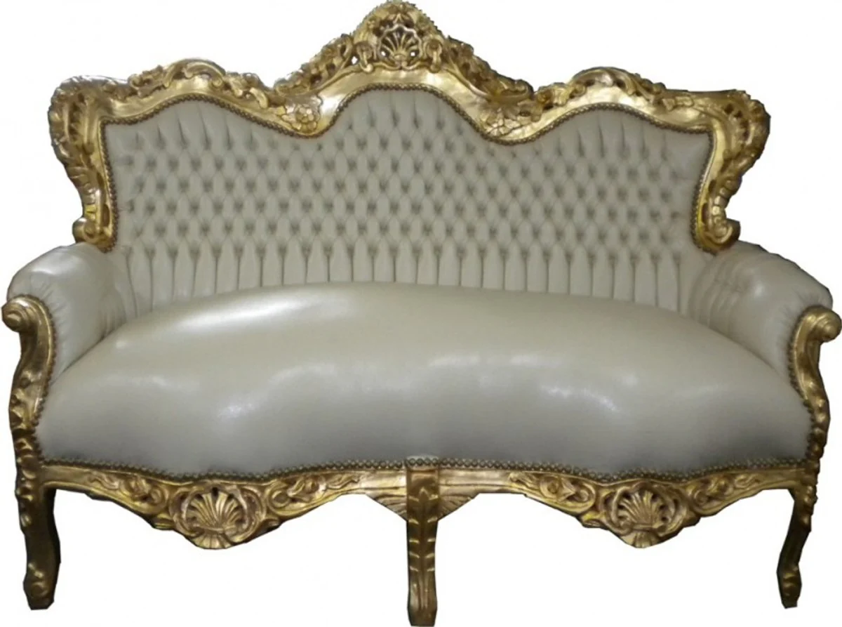 Barock Sofa Garnitur Master Creme/Gold Lederoptik