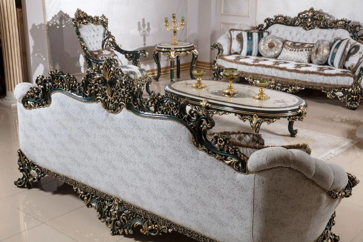 Luxus Barock Couchtisch Beige / Weiß / Grün / Gold - Prunkvoller Massivholz Wohnzimmertisch mit Glasplatte - Barock Wohnzimmer Möbel - Edel & Prunkvoll