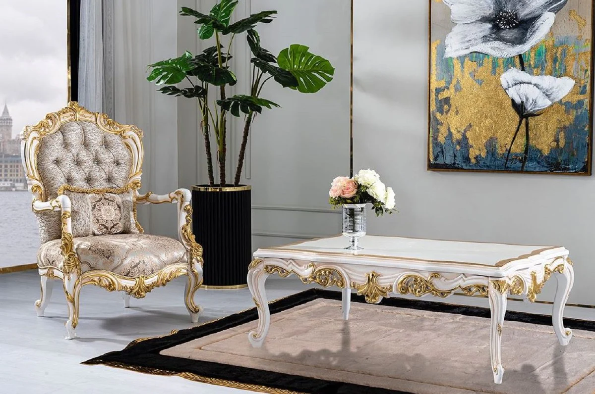 Luxus Barock Couchtisch Weiß / Beige / Gold - Prunkvoller Wohnzimmertisch im Barockstil - Barockstil Wohnzimmer Möbel - Barock Möbel - Barock Einrichtung - Luxus Möbel im Barockstil