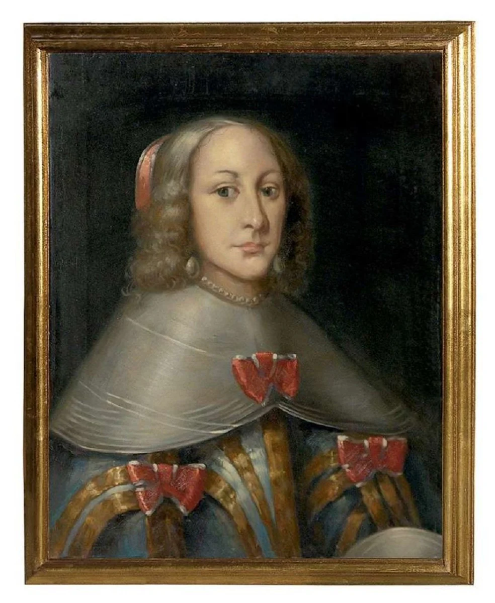 Luxus Barock Ölgemälde Gräfin Mehrfarbig / Gold 55 x H. 65 cm - Handgemaltes Gemälde im Barockstil - Barock Wand Deko