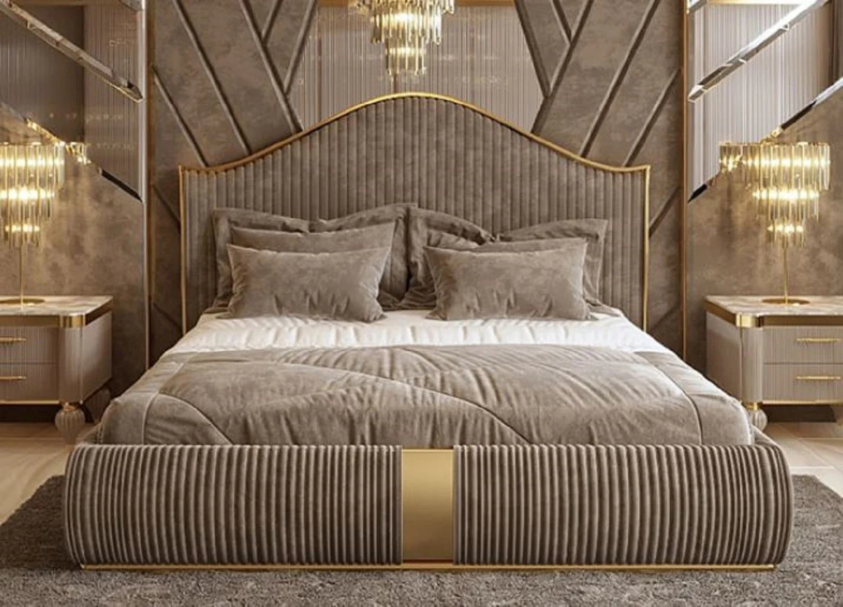 Luxus Art Deco Doppelbett Grau / Gold - Edles Massivholz Bett mit Kopfteil - Art Deco Schlafzimmer & Hotel Möbel - Luxus Kollektion