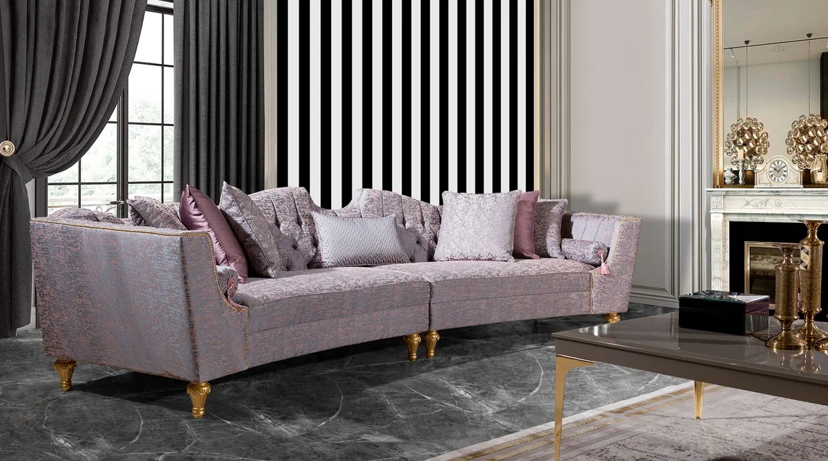 Luxus Barock Sofa Rosa / Silber / Gold - Gebogenes Wohnzimmer Sofa - Hotel Sofa - Luxus Barock Wohnzimmer & Hotel Möbel - Edel & Prunkvoll