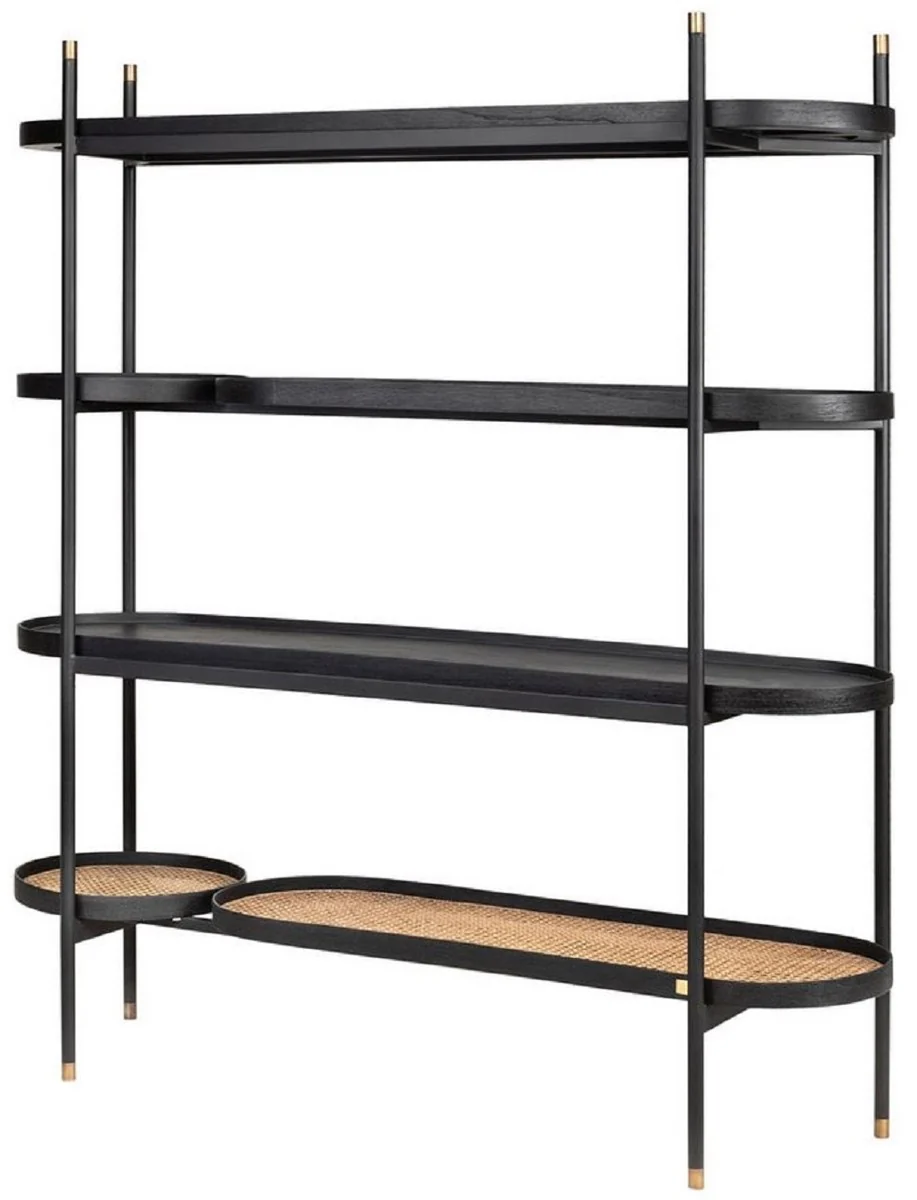 Luxus Regalschrank Schwarz / Naturfarben / Messingfarben 154 x 42,3 x H. 170 cm - Wohnzimmer & Hotel Möbel - Luxus Qualität