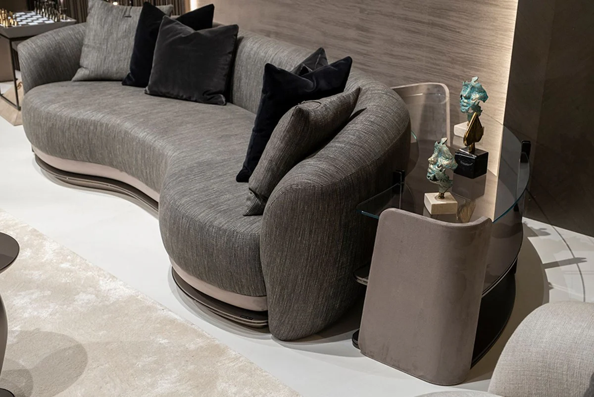 Luxus Regalschrank Grau / Dunkelbraun / Bronze 141,45 x 105,41 x H. 61,5 cm - Gebogener Schrank mit Glasplatte - Wohnzimmer Möbel - Hotel Möbel - Luxus Möbel