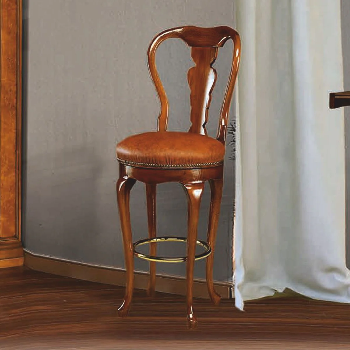 Luxus Barock Leder Barstuhl Braun / Gold H. 120 cm - Bar Möbel - Made in Italy