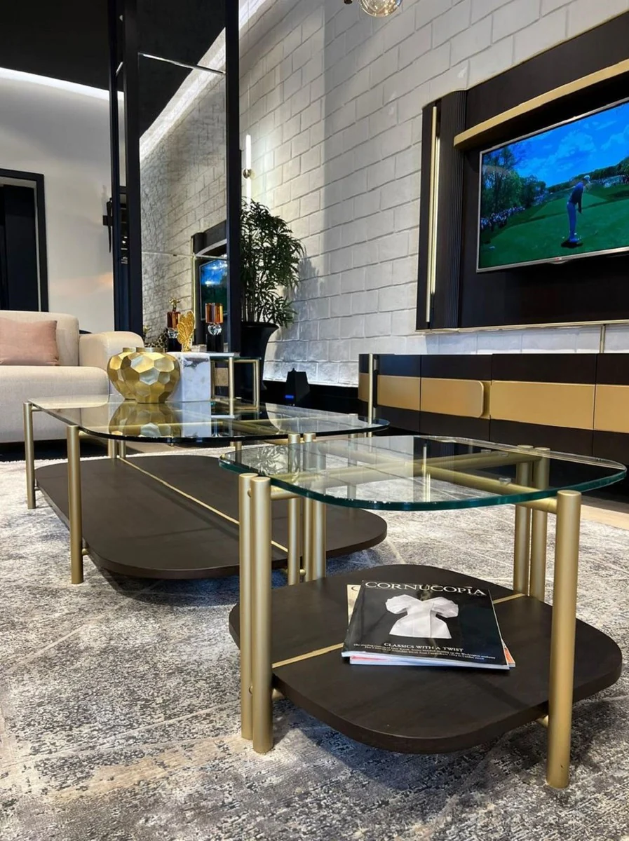 Luxus Couchtisch Dunkelbraun / Messing 155 x 75 x H. 35 cm - Wohnzimmertisch mit Glasplatte - Wohnzimmer Möbel - Hotel Möbel - Luxus Möbel - Luxus Einrichtung