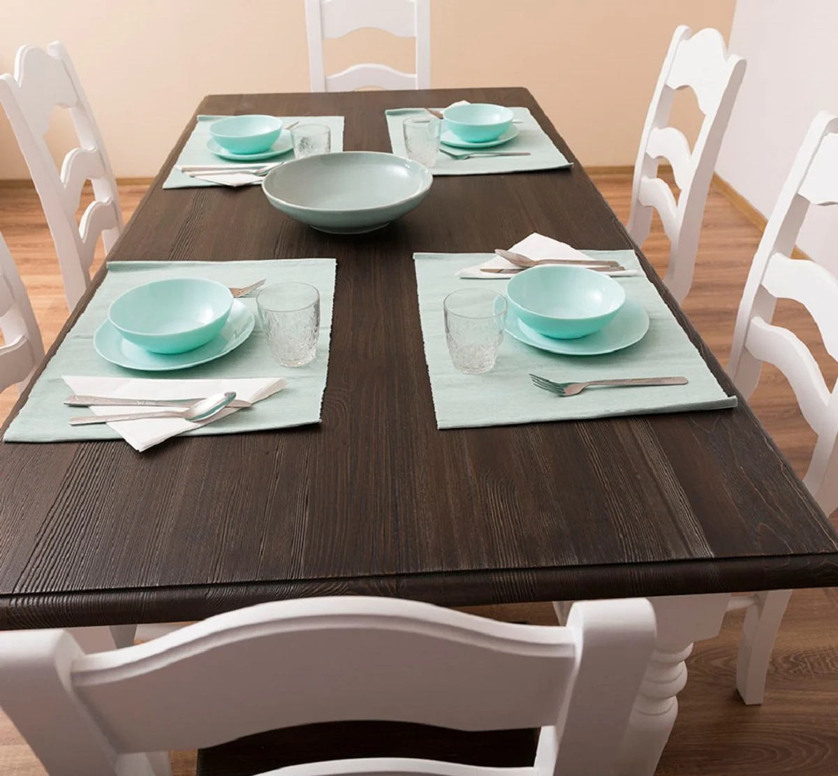 Landhausstil Esszimmer Möbel Set Weiß / Dunkelbraun - 1 Landhausstil Esstisch & 6 Landhausstil Esszimmerstühle - Massivholz Esszimmer Möbel - Landhausstil Esszimmer Möbel