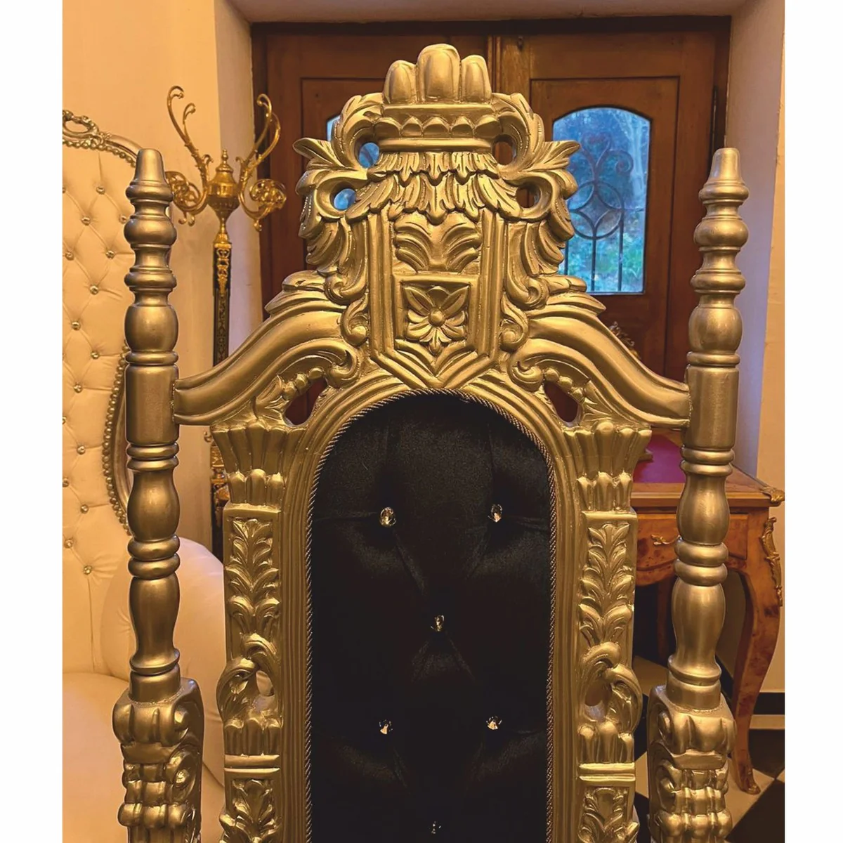 Luxus Barock Thron Sessel mit Glitzersteinen Dunkelblau / Silber - Barock Möbel