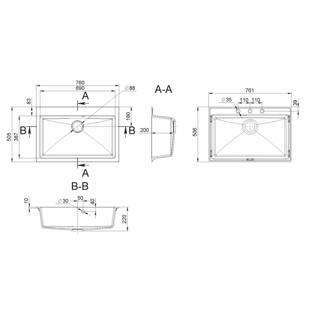 Luxus Naturstein Spülbecken Schwarz 76 cm - Küchen Zubehör