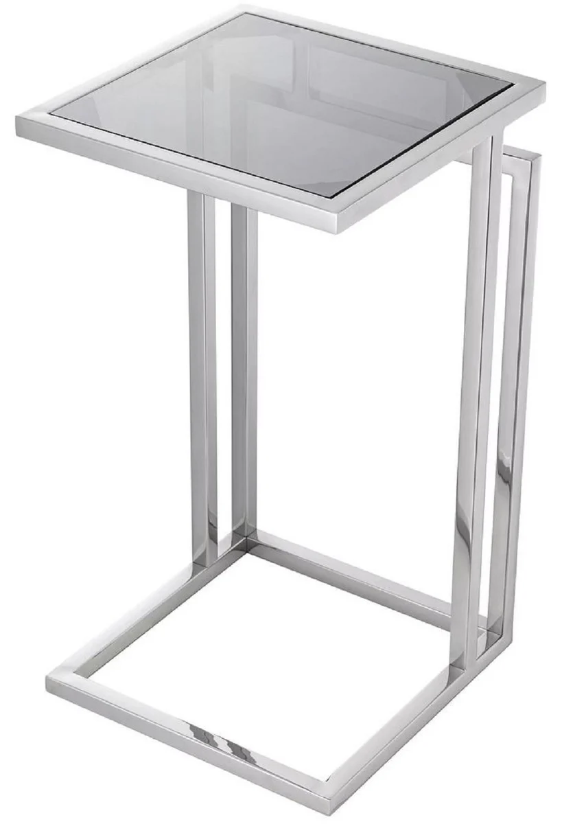 Luxus Beistelltisch Silber / Grau 33 x 33 x H. 60 cm - Edelstahl Tisch mit Glasplatte - Wohnzimmer Möbel - Luxus Möbel - Luxus Einrichtung - Luxus Interior