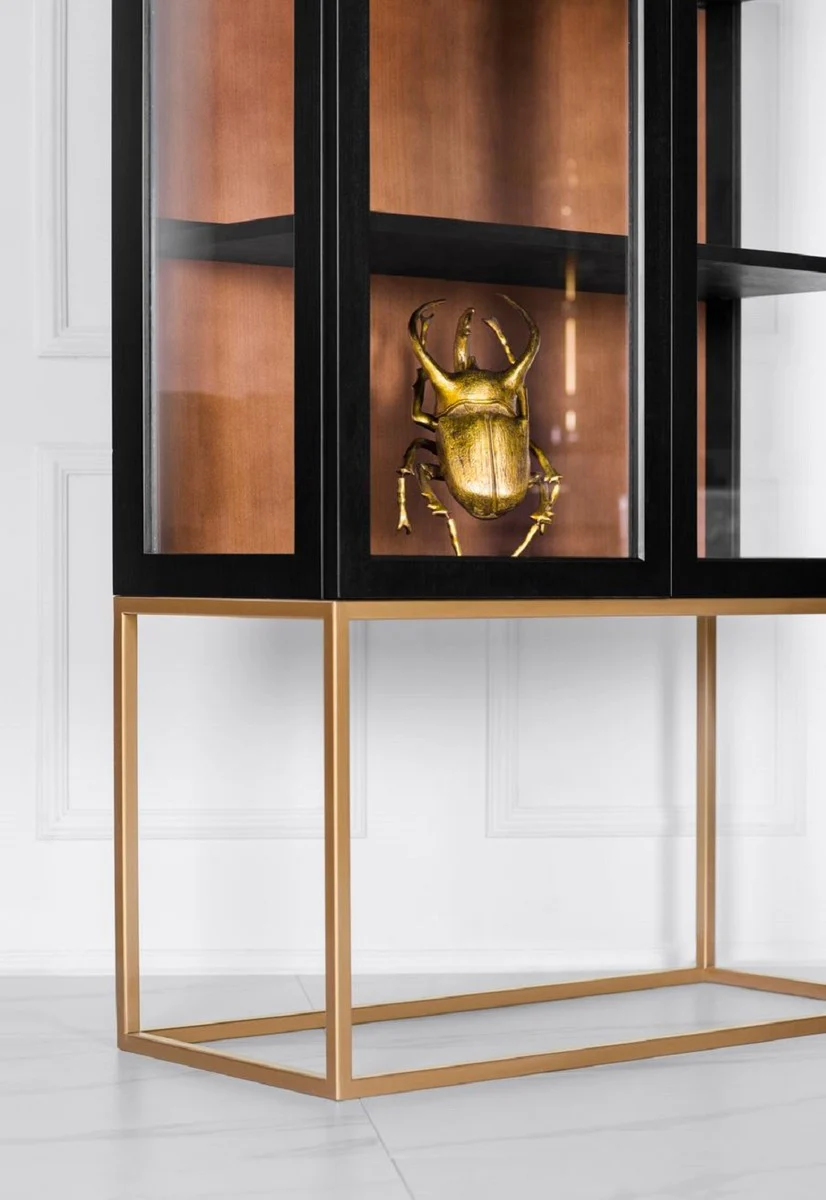 Luxus Vitrine mit LED Beleuchtung Matt Schwarz / Messing / Matt Cognac 90 x 40 x H. 200 cm - Beleuchteter Massivholz Vitrinenschrank mit 2 Glastüren - Wohnzimmer Möbel - Luxus Möbel