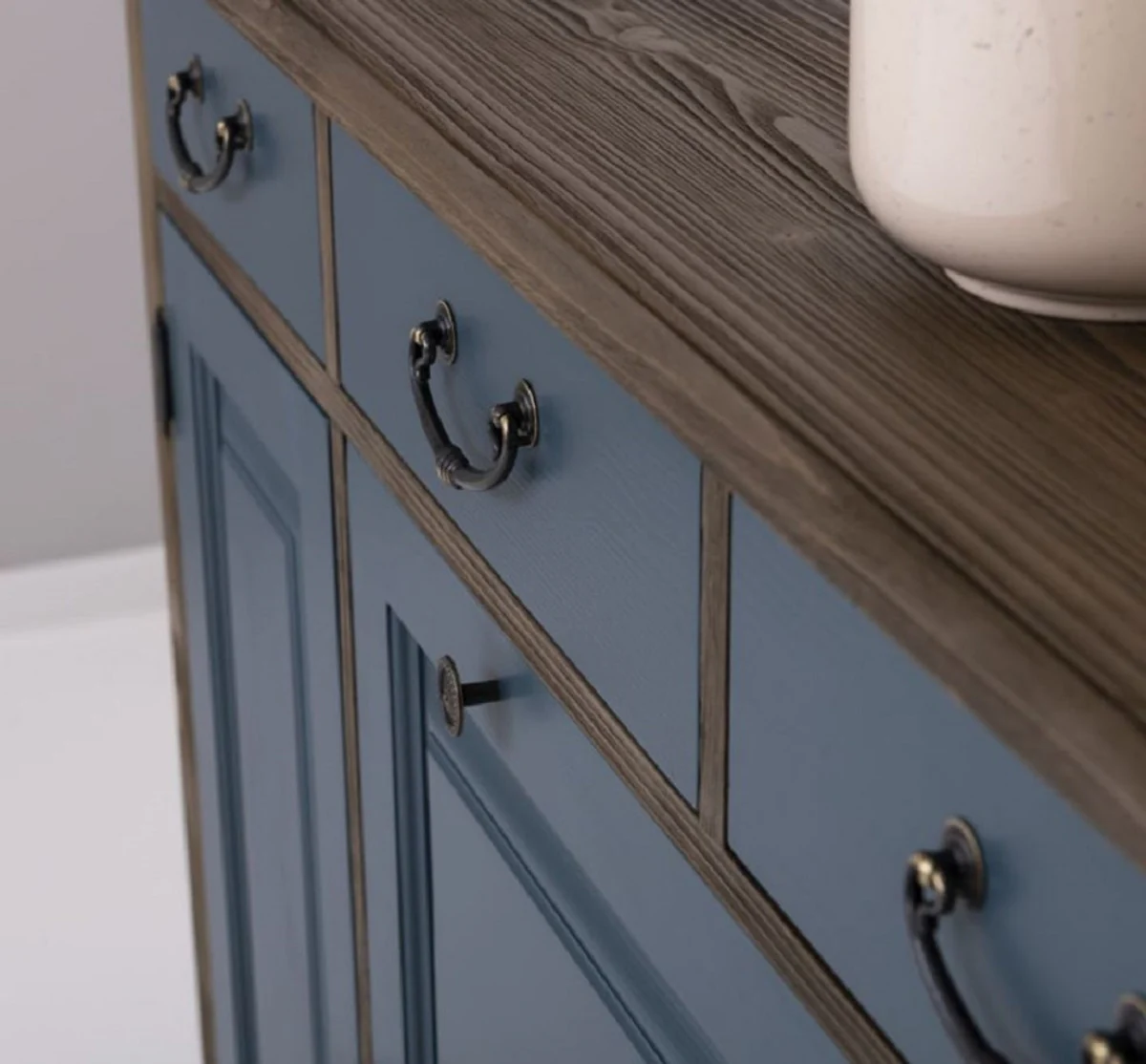 Landhausstil Kommode Blau / Schwarz 176 x 35 x H. 105 cm - Massivholz Schrank mit 6 Schubladen und 2 Türen - Landhausstil Möbel - Möbel im Landhausstil - Landhausstil Einrichtung