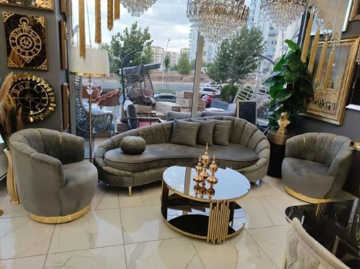 Luxus Sofa Grau / Gold 250 x 70 x H. 80 cm - Wohnzimmer Sofa - Hotel Sofa - Wohnzimmer Möbel - Hotel Möbel - Luxus Möbel - Wohnzimmer Einrichtung - Luxus Einrichtung