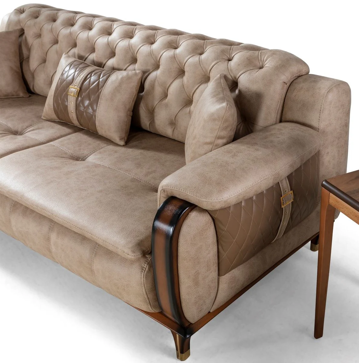 Luxus Chesterfield Schlafsofa Beige / Braun / Schwarz / Gold 222 x 98 x H. 80 cm - Modernes Wohnzimmer Sofa - Luxus Wohnzimmer Möbel