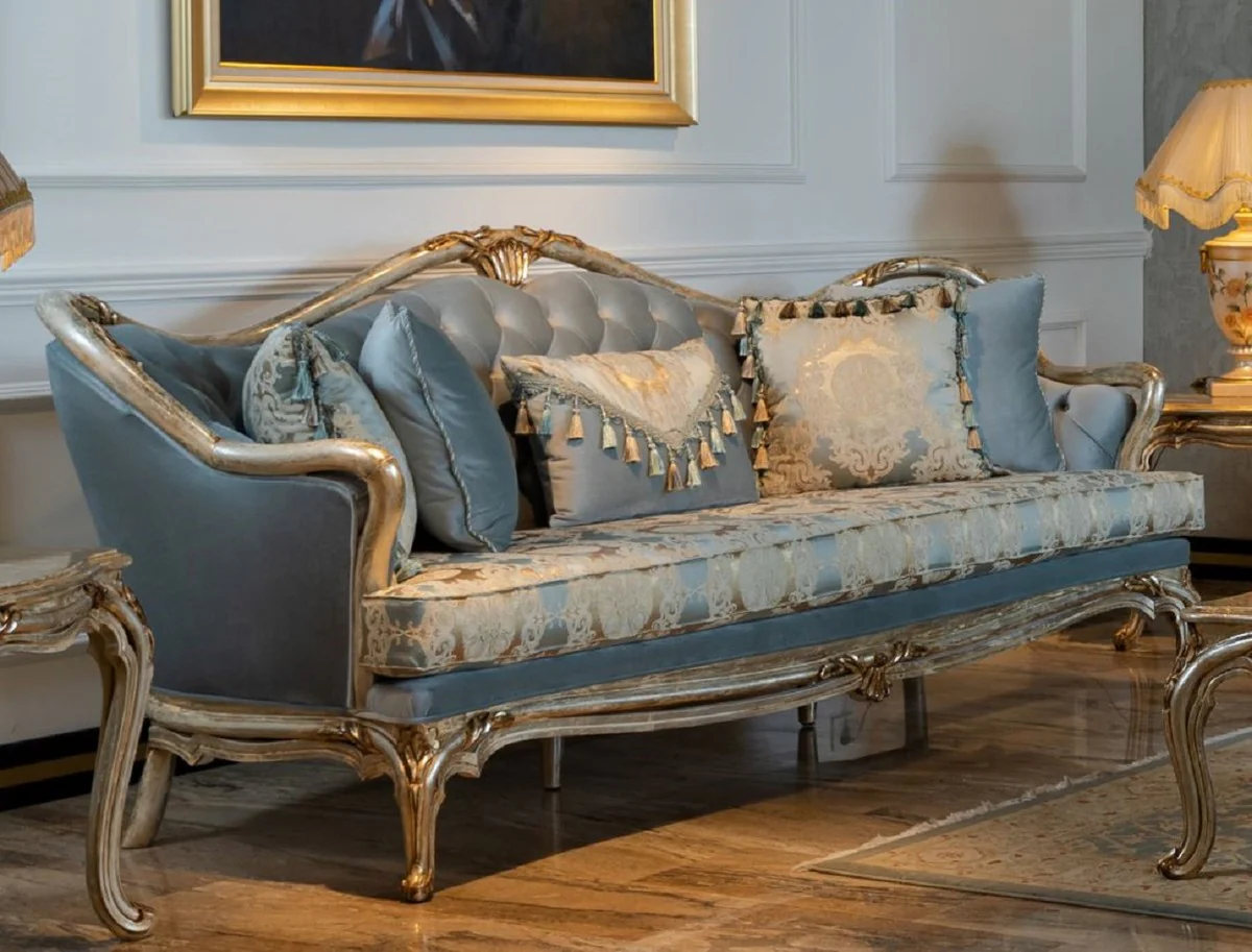 Luxus Barock Sofa Hellblau / Silber / Gold - Handgefertigtes Wohnzimmer Sofa im Barockstil - Barock Wohnzimmer Möbel
