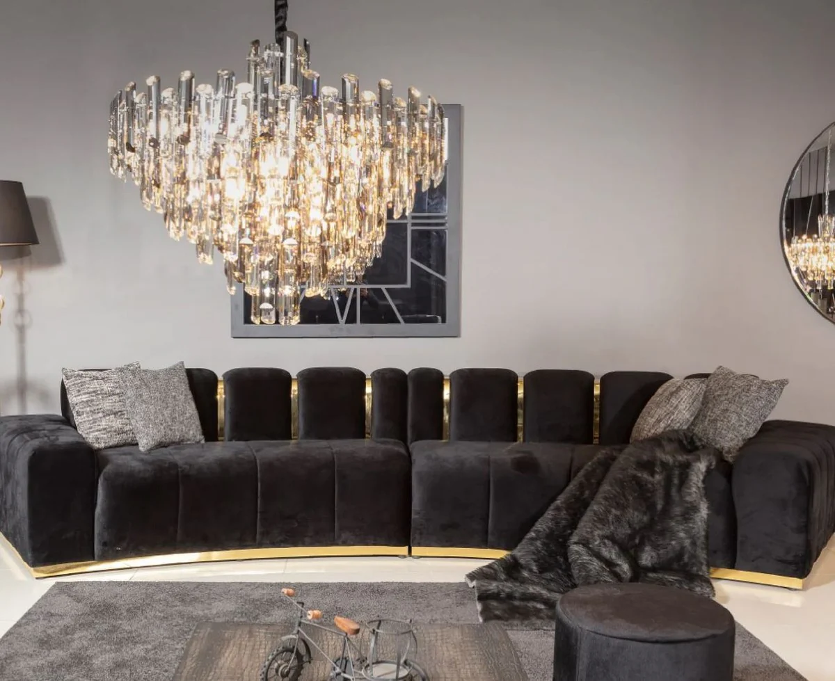 Luxus 5er Sofa Schwarz / Gold 420 x 100 x H. 80 cm - Gebogenes Wohnzimmer Sofa - Hotel Sofa - Wohnzimmer Möbel - Hotel Möbel - Luxus Möbel - Luxus Einrichtung