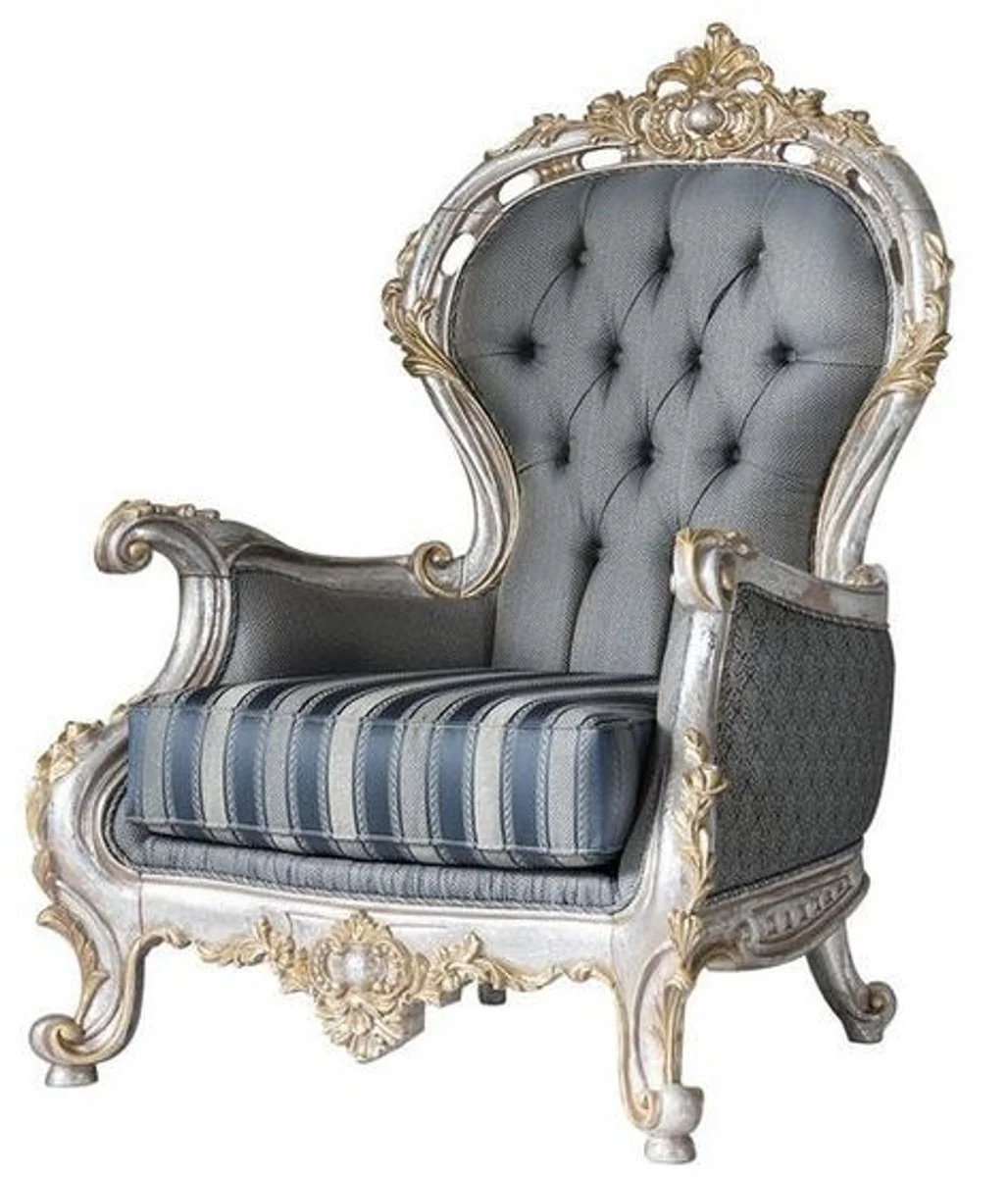 Luxus Barock Wohnzimmer Set Grau / Blau / Silber / Gold - 2 Sofas & 2 Sessel & 1 Couchtisch - Prunkvolle Wohnzimmer Möbel im Barockstil