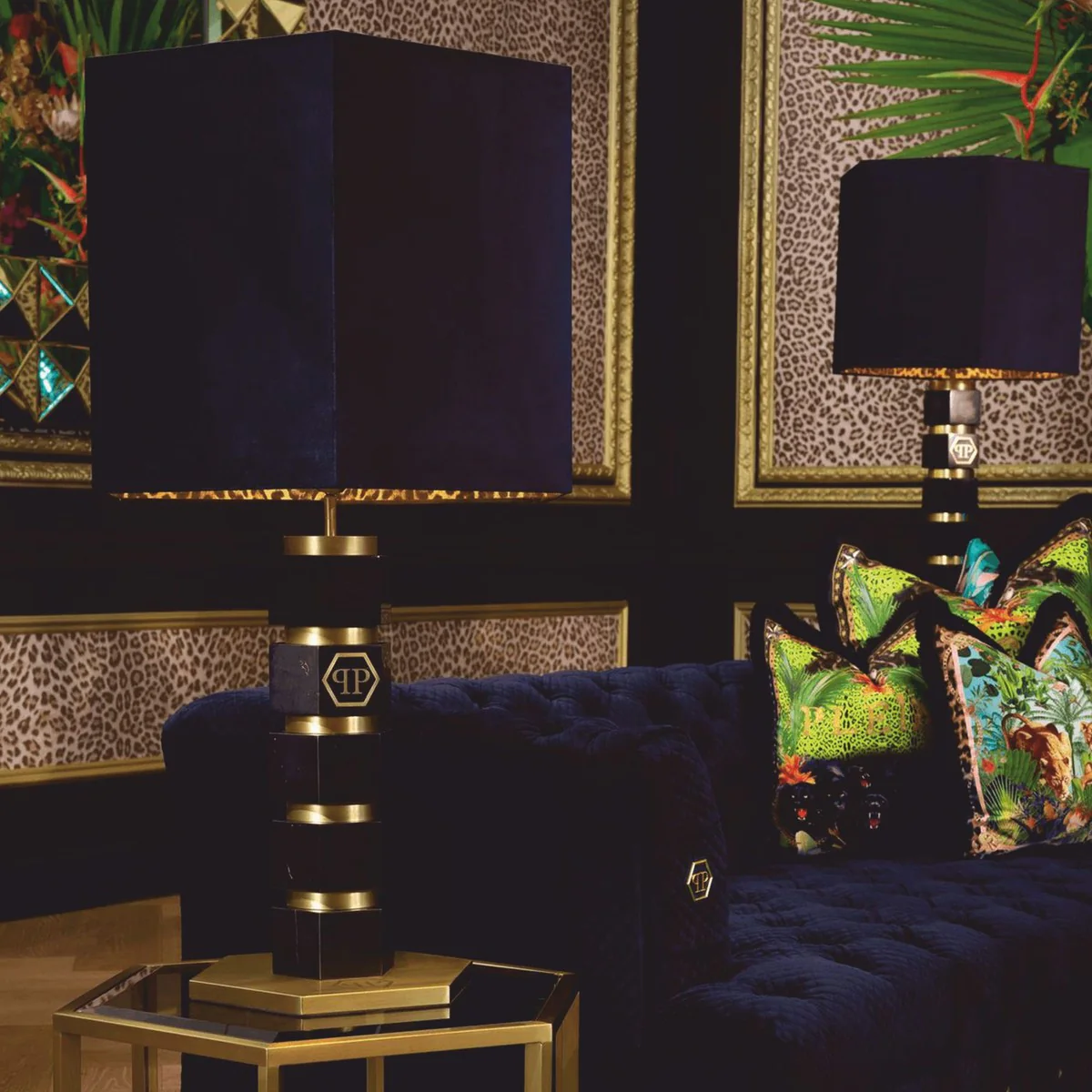 Philipp Plein Luxus Marmor Tischleuchte H. 76 cm Schwarz / Messing / Leopard - Luxus Qualität
