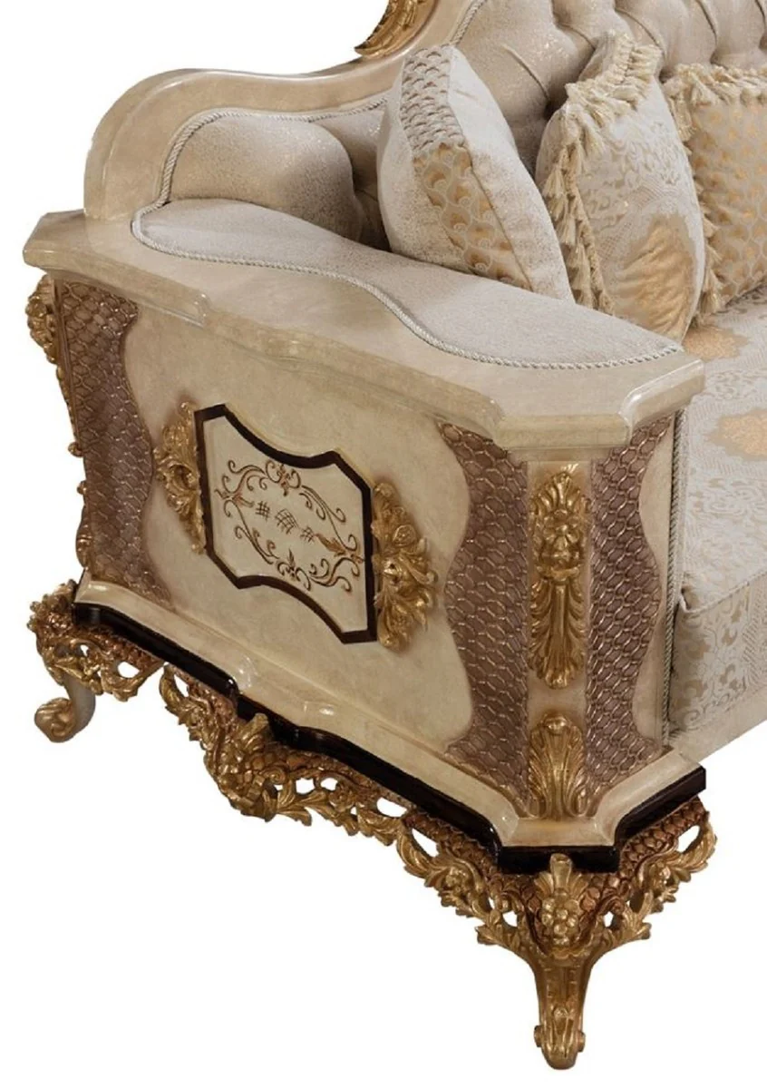 Luxus Barock Sofa Weiß / Beige / Creme / Schwarz / Gold - Barockstil Wohnzimmer Sofa mit elegantem Muster - Luxus Wohnzimmer Möbel im Barockstil - Barock Möbel - Barock Einrichtung