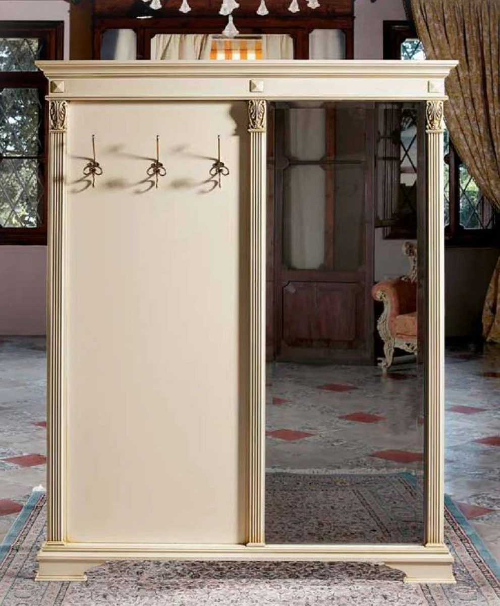 Luxus Barock Garderobe mit Spiegel Creme / Gold - Massivholz Garderobe im Barockstil - Luxus Garderoben Möbel im Barockstil - Barock Möbel - Luxus Qualität - Made in Italy