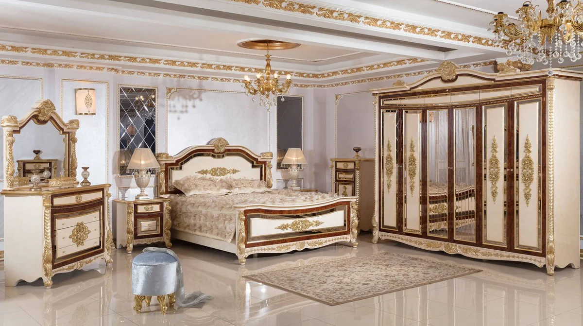 Luxus Barock Schlafzimmerschrank Weiß / Beige / Braun / Gold - Prunkvoller Massivholz Kleiderschrank im Barockstil - Barock Schlafzimmer & Hotel Möbel - Edel & Prunkvoll