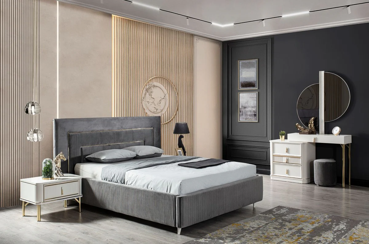 Luxus Schlafzimmer Schminktisch Set Weiß / Gold / Grau - 1 Schminkkommode mit Spiegel & 1 Hocker - Luxus Schlafzimmer Möbel