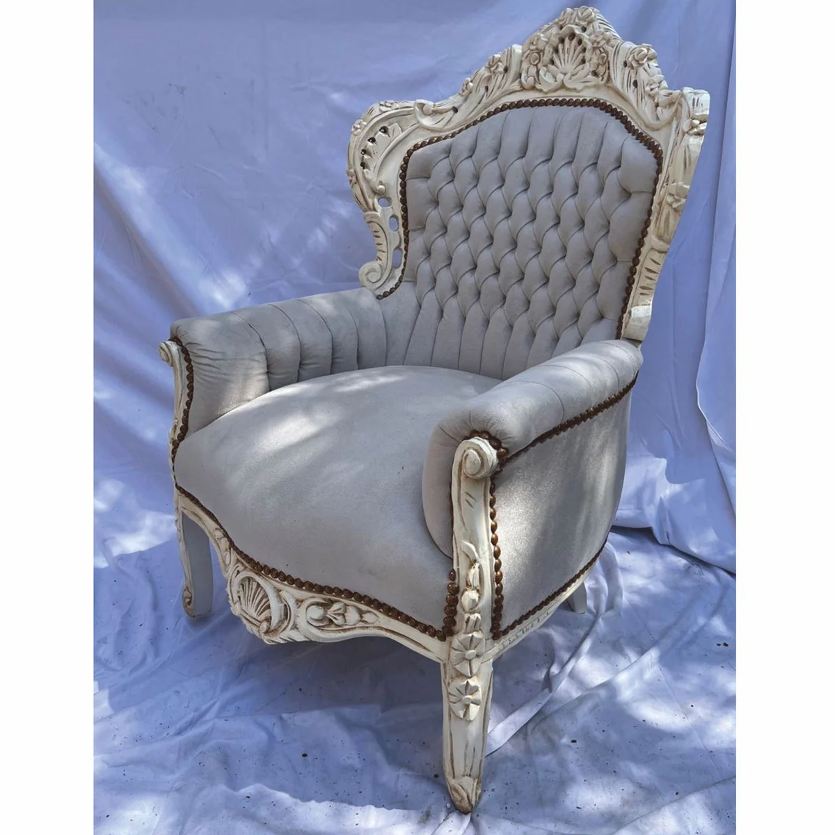 Barock Wohnzimmer Sessel Grau / Antik Weiß - Prunkvolle Barock Möbel