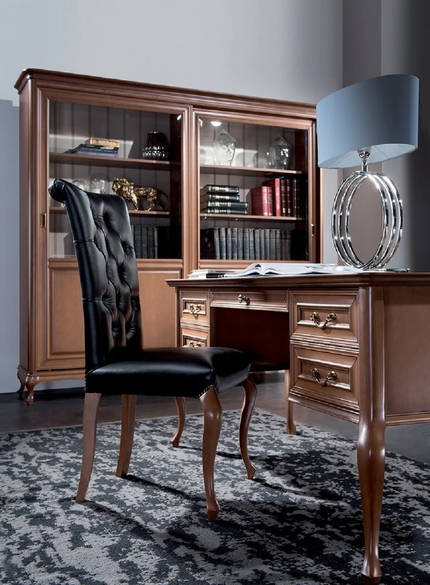 Luxus Jugendstil Bücherschrank Braun / Cremefarben 222,9 x 46,1 x H. 196,6 cm - Massivholz Schrank mit 2 Schiebetüren - Wohnzimmerschrank - Büroschrank - Barock & Jugendstil Möbel