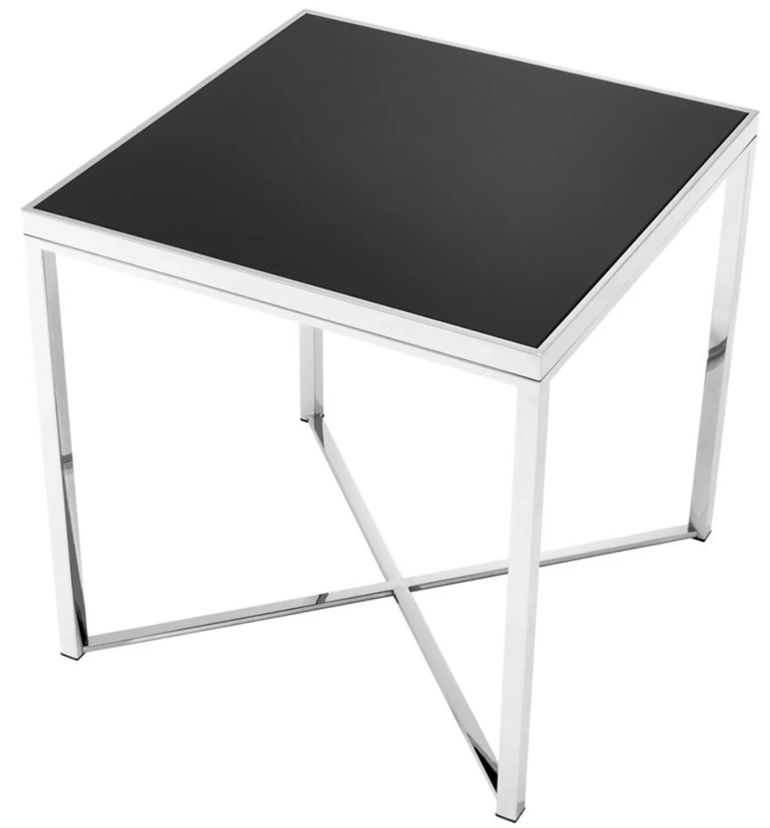 Luxus Edelstahl Beistelltisch mit schwarzer Glasplatte 61 x 61 x H. 61,5 cm - Wohnzimmermöbel