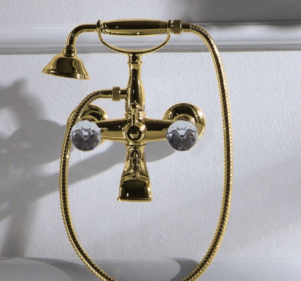 Luxus Jugendstil Badarmatur mit Schlauch und Handbrause Gold - Badewannen Armatur mit Swarovski Kristallglas - Nostalgisches Bad Zubehör - Wannenbatterie