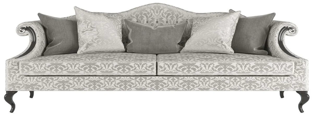 Luxus Barock Wohnzimmer Sofa mit elegantem Muster Silber / Grau / Schwarz 255 x 100 x H. 97 cm - Wohnzimmer Möbel im Barockstil - Edel & Prunkvoll